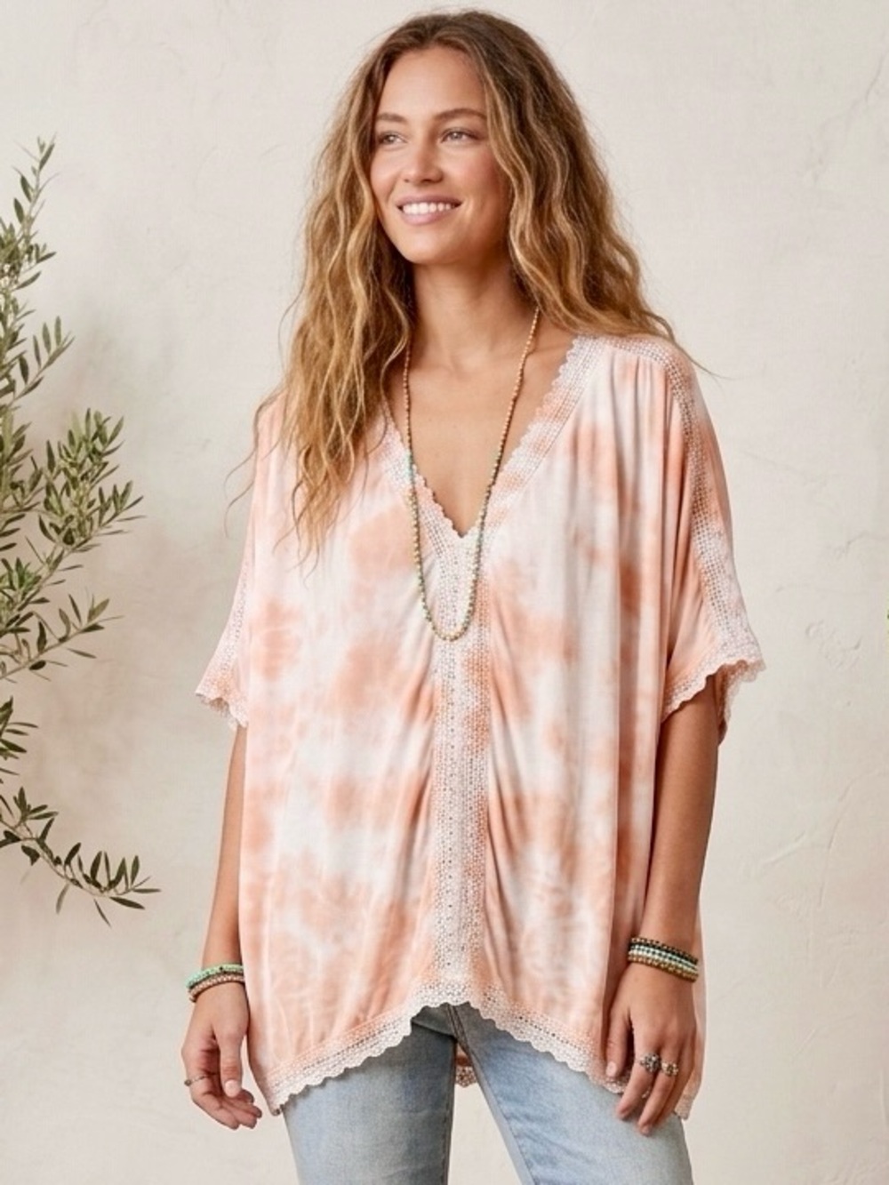 Billabong Modal Peach Tie Dye Crochet Trim Poncho Tunic Top S/M